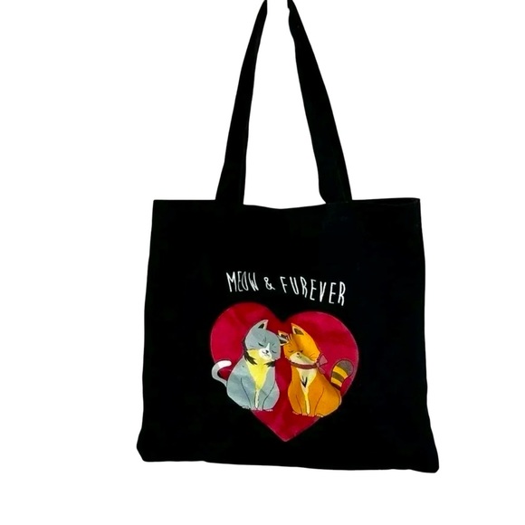 Meow & Forever Cat Tote Bag Black - Picture 1 of 4